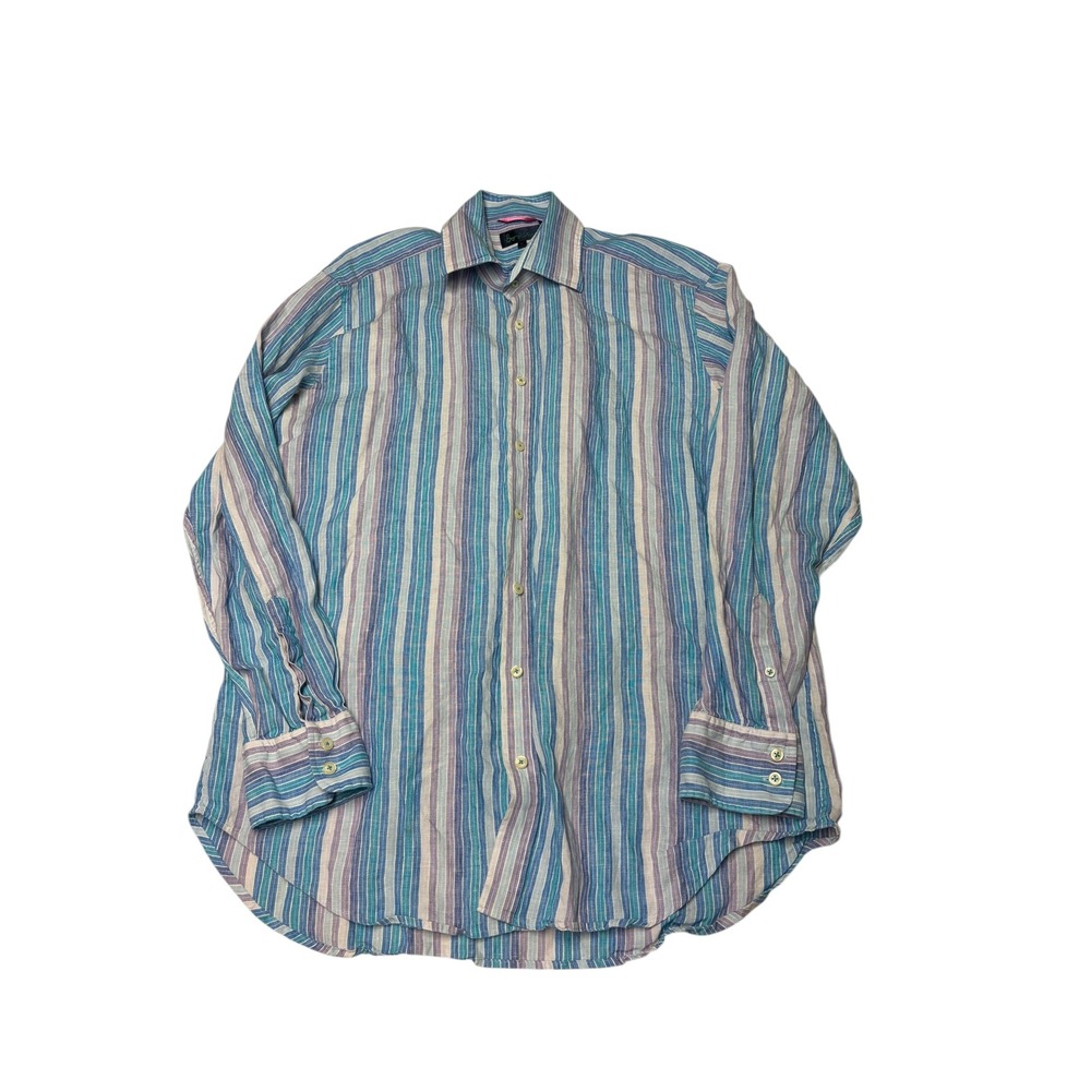 Boden Mens 17 Blue Purple Striped 100% Linen Long Sleeve Button Down Shirt MA249